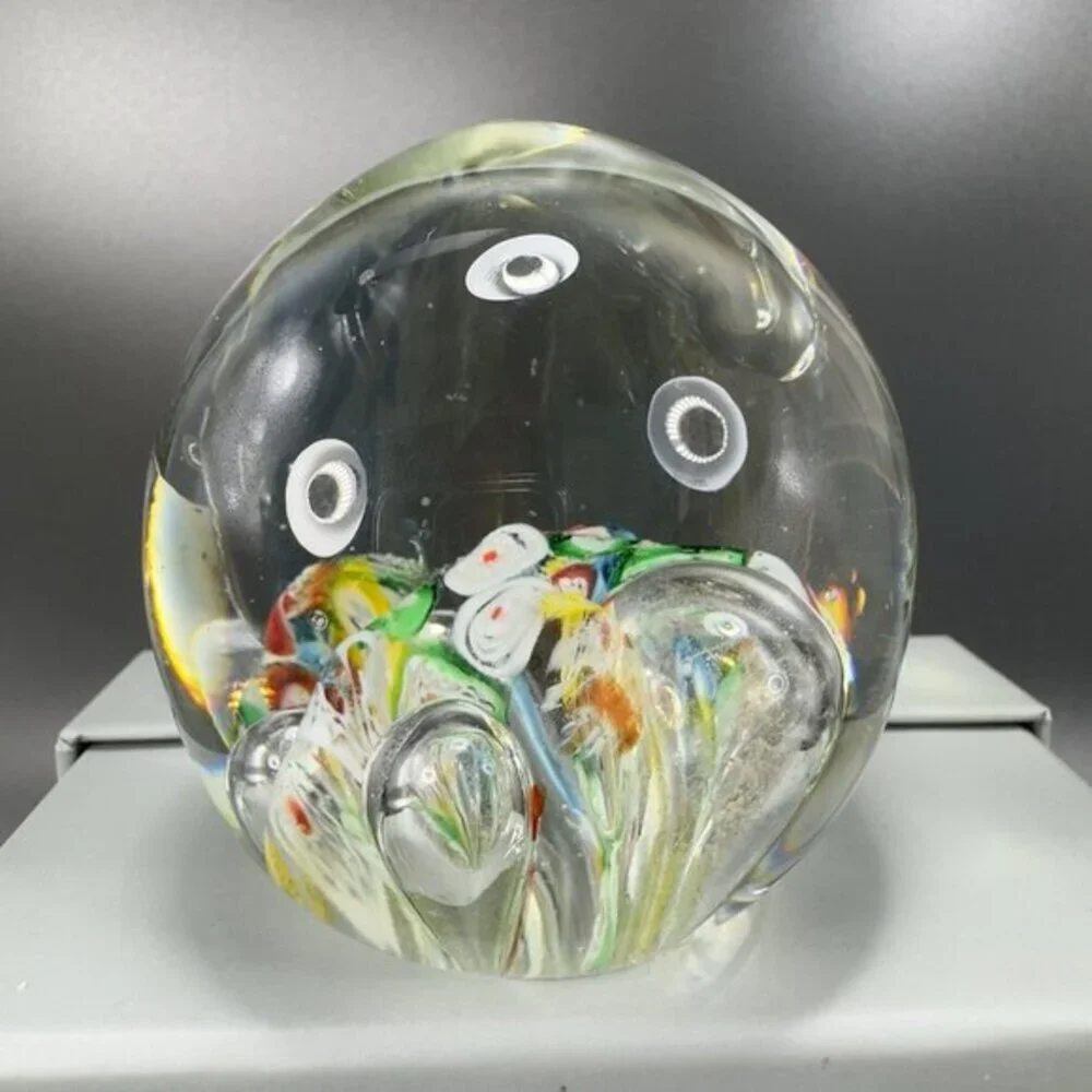 Hand Blown Art Glass Paperweight With Large Bubbles Multicolored‎ Millefiori VTG